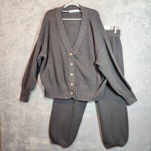 FP Beach Womens Boxy Cardigan & Pants Set M Cotton Gray Joggers Athleisure